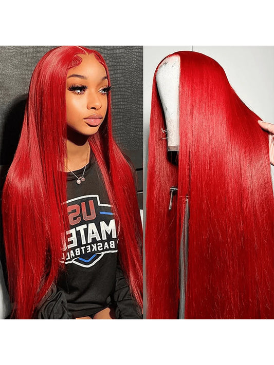 Red Lace Front Wigs Human Hair Straight 13X4 HD Lace Frontal Wigs Human Hair Burgundy Red Wig Pre Plucked with Baby Hair 250% Density Red Colored Straight Glueless Wigs for Women 32 Inch