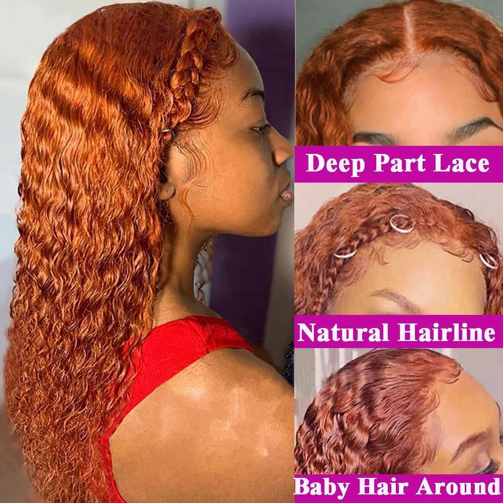 YUZHU Ginger Color 4X4 Deep Wave Human Hair Lace Front Wigs for Black Women
