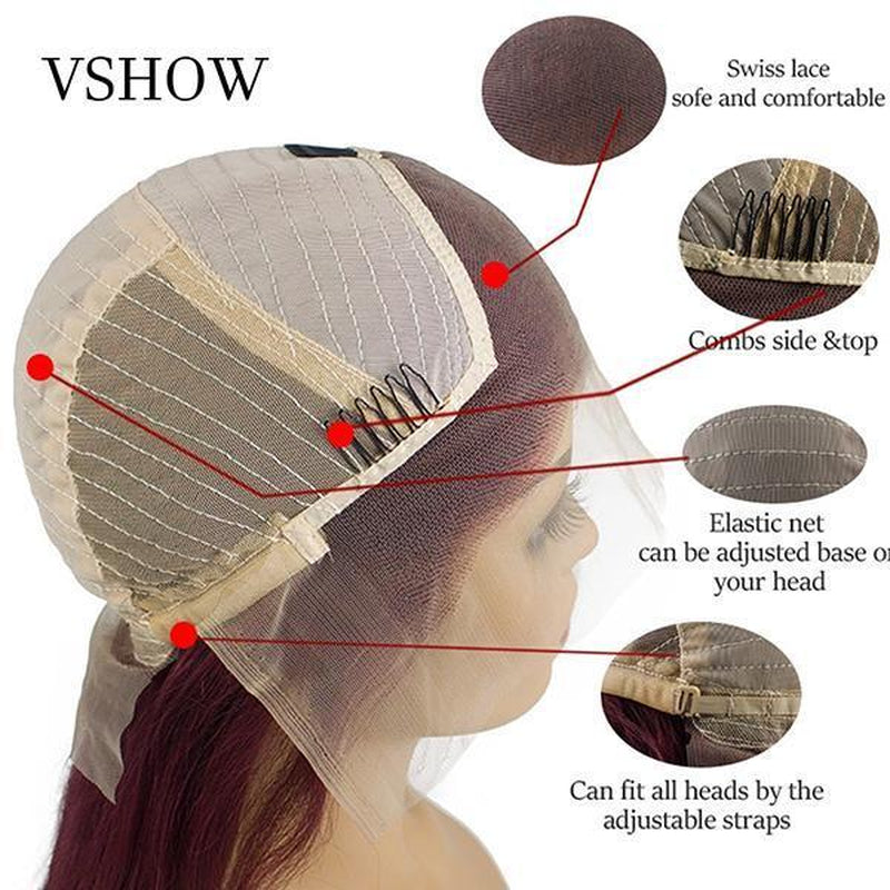 VSHOW Burgundy Hair Color Short Straight Hair Human Hair Lace Front Wigs with Pre-Plucked