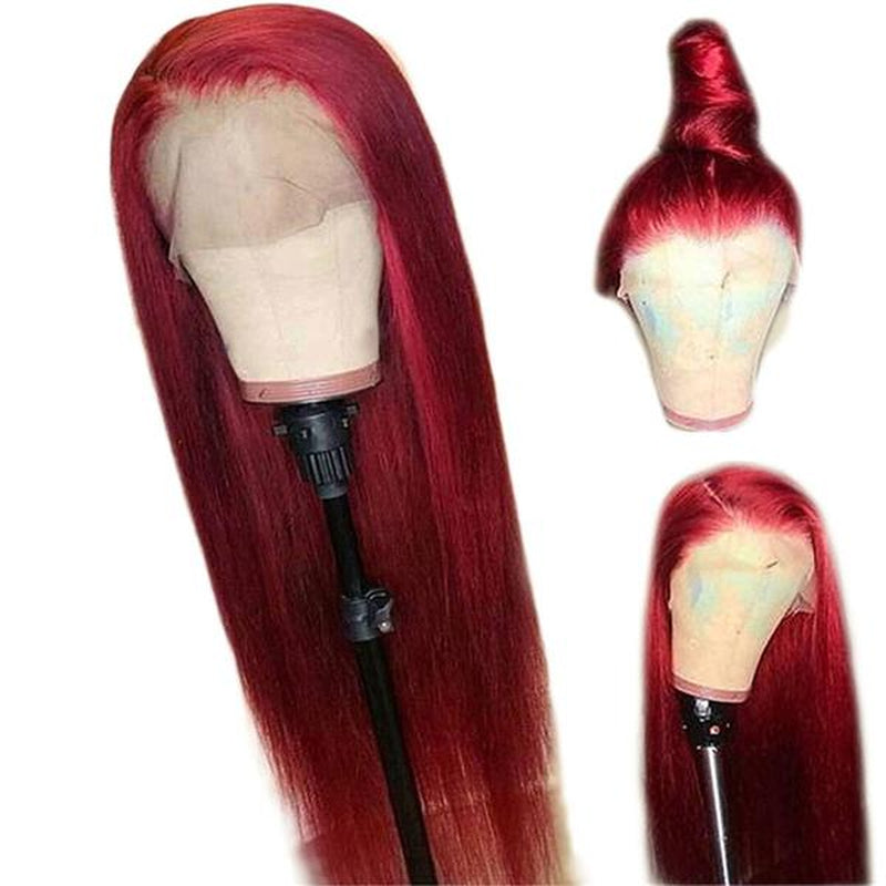 VSHOW Burgundy Hair Color Short Straight Hair Human Hair Lace Front Wigs with Pre-Plucked