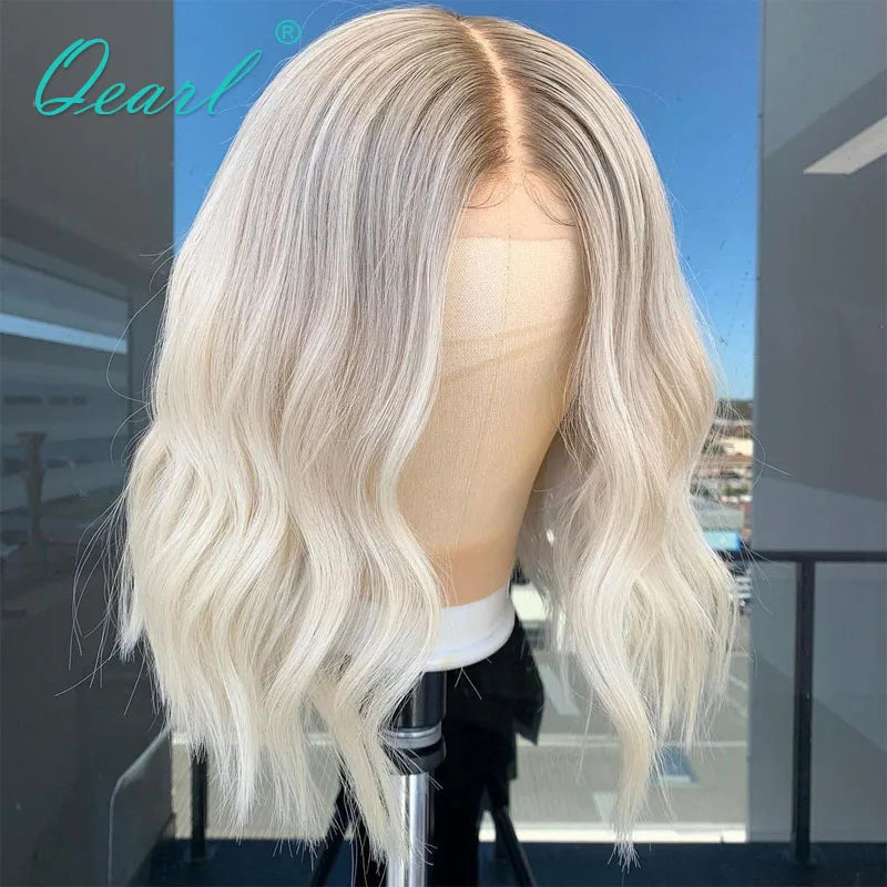 Women HD Lace Front Human Hair Wigs Short Bob Lace Frontal Wig Ombre Ash Blonde Grey Highlights 13X1 Transparent Wig Sale Qearl