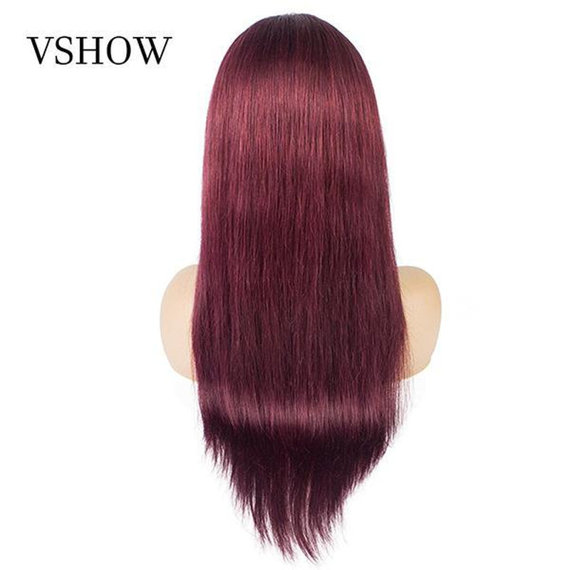 VSHOW Burgundy Hair Color Short Straight Hair Human Hair Lace Front Wigs with Pre-Plucked