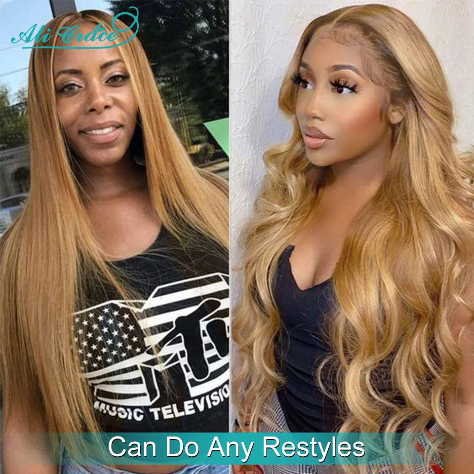 Brown Blonde Color 27 Straight Lace Closure Wig with Baby Hair  24 Inch Pre-Plucked Brazilian Straight 4X4 Closure Wig