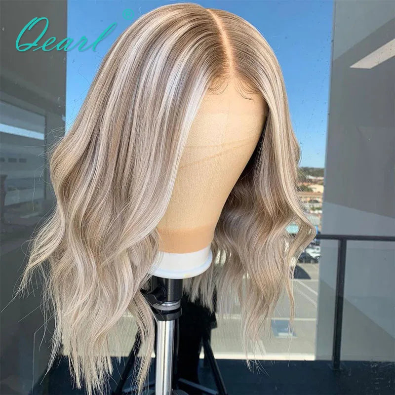 Women HD Lace Front Human Hair Wigs Short Bob Lace Frontal Wig Ombre Ash Blonde Grey Highlights 13X1 Transparent Wig Sale Qearl