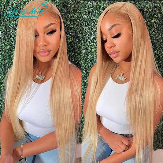 Brown Blonde Color 27 Straight Lace Closure Wig with Baby Hair  24 Inch Pre-Plucked Brazilian Straight 4X4 Closure Wig