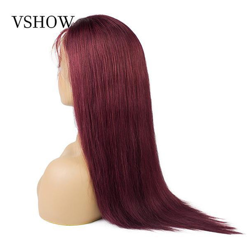VSHOW Burgundy Hair Color Short Straight Hair Human Hair Lace Front Wigs with Pre-Plucked
