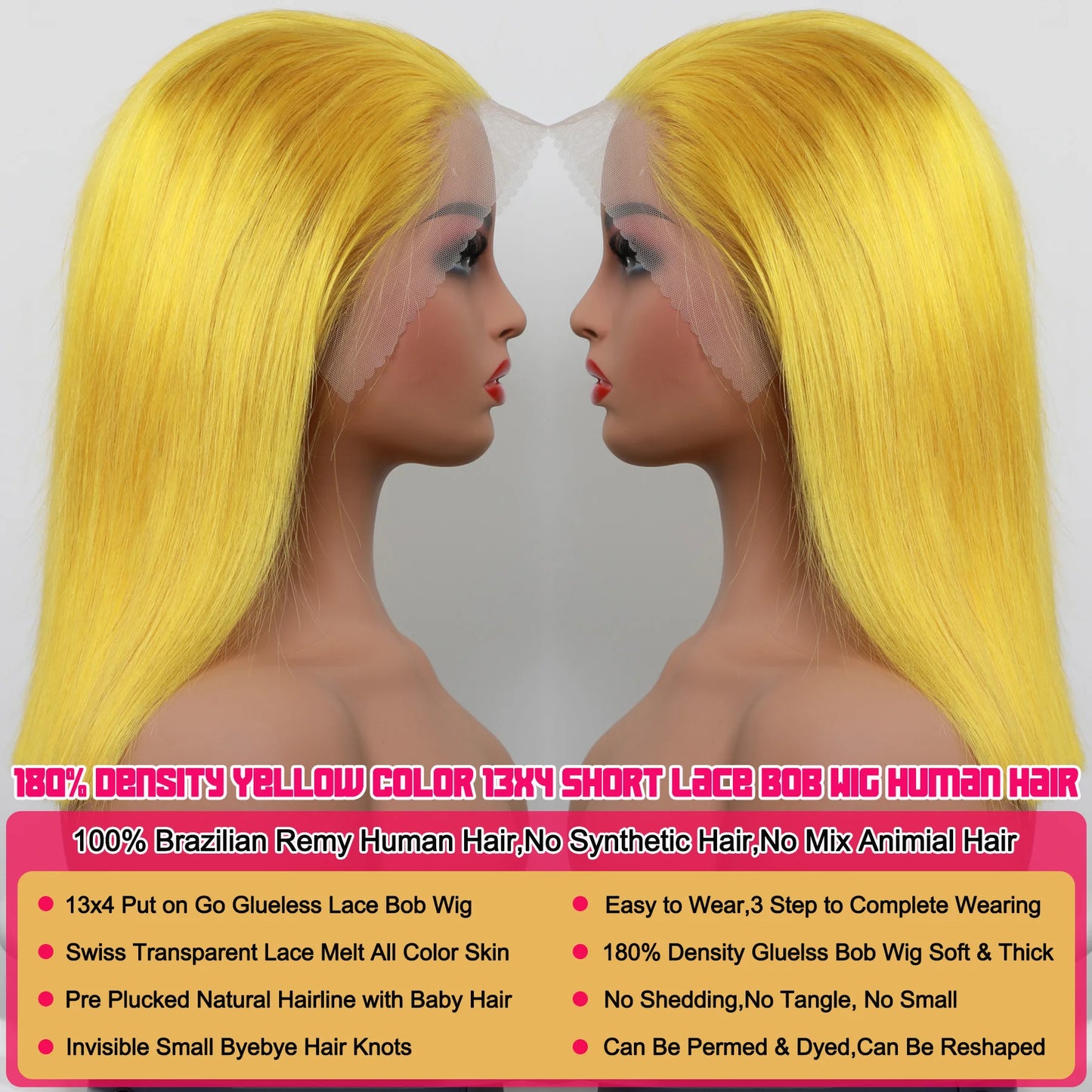 Yellow Bob Wig Human Hair 13X4 Transparent Lace Front Human Hair Wigs 180% Density Brazilian Remy Human Hair Short Lace Bob Wig