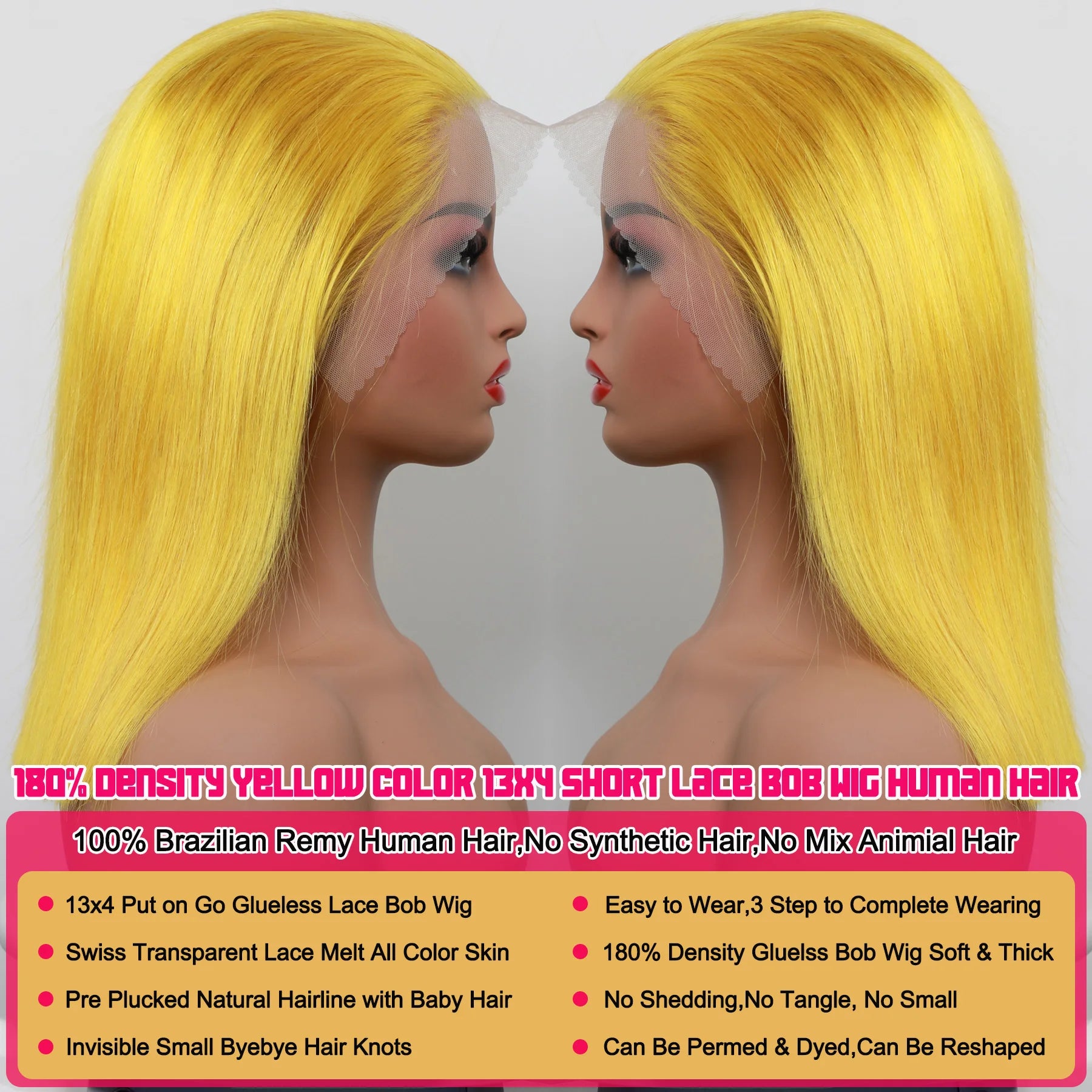 Yellow Bob Wig Human Hair 13X4 Transparent Lace Front Human Hair Wigs 180% Density Brazilian Remy Human Hair Short Lace Bob Wig