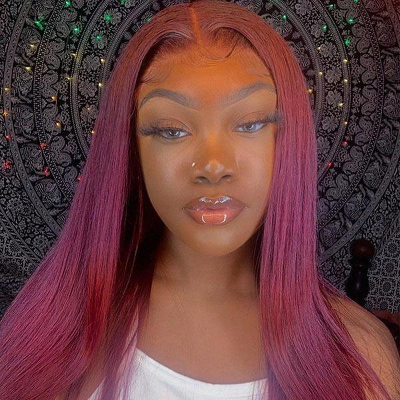 VSHOW Burgundy Hair Color Short Straight Hair Human Hair Lace Front Wigs with Pre-Plucked