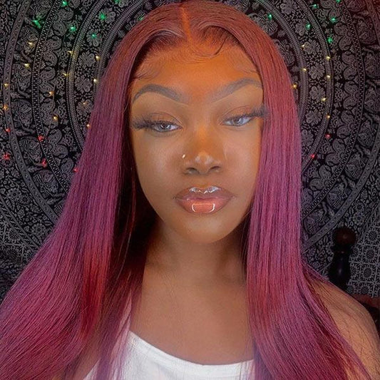 VSHOW Burgundy Hair Color Short Straight Hair Human Hair Lace Front Wigs with Pre-Plucked