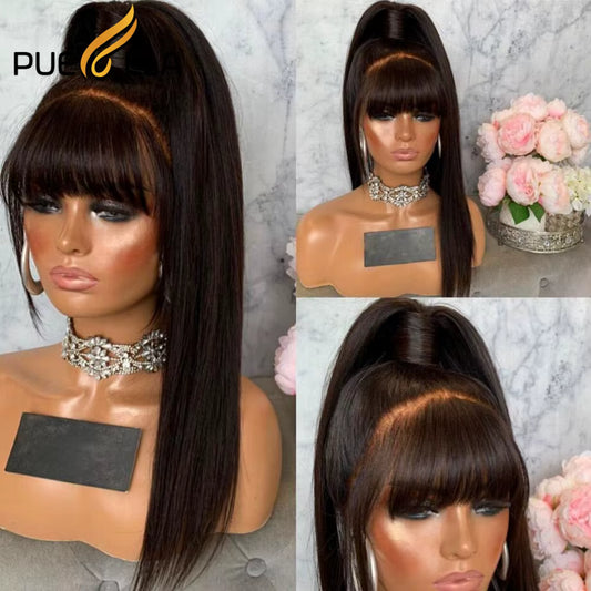 Red 13X4 Lace Frontal Wig with Bangs Brazilian Straight Lace Front Human Hair Wigs for Women 13X6 Lace Front Wig Human Hair