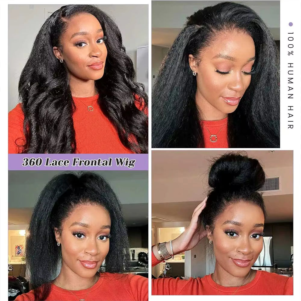 Invisible Strap 360 HD Full Lace Glueless Wig Kinky Straight Frontal Wig 250 Density Yaki Straight Lace Front Human Hair Wig