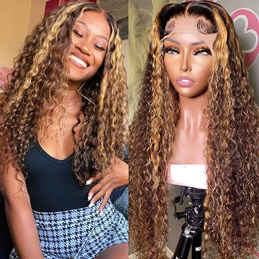 4/27 Ombre Kinky Curly Wigs Human Hair HD Transparent Lace Front Highlight 13X4 13X6 Lace Front Wig Human Hair Wigs for Women
