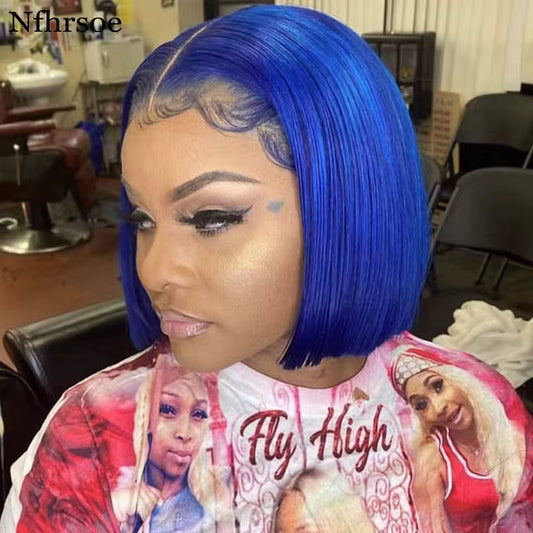 Blue Lace Front Human Hair Wigs Transparent HD Lace Frontal Wig 13X4 Lace Human Hair Wig Brazilian Short Bob Human Hair Wigs