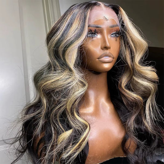 1B/27 Body Wave 13X4 Lace Frontal Highlight Wig Human Hair Brazilian 200 Density 30 Inch Ombre Blonde Colored Human Hair Wigs