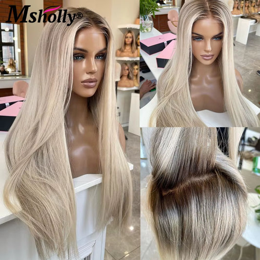 Ombre Ash Blonde Transparent Lace Wigs Human Hair Straight 13X4 Lace Front Wigs for Women Preplucked Blonde Remy Human Hair Wig