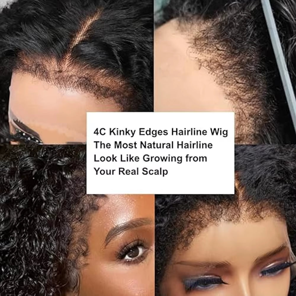 Short Bob Kinky Curly Human Hair Frontal Wig 4C Edges Lace Front Wigs Transparent 4X4 Closure Human Hair Wig Natural Hairline
