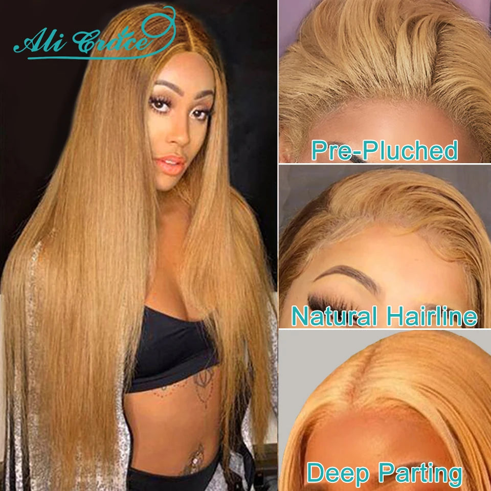 Brown Blonde Color 27 Straight Lace Closure Wig with Baby Hair  24 Inch Pre-Plucked Brazilian Straight 4X4 Closure Wig