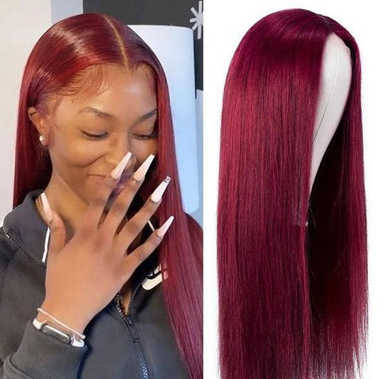 VSHOW Burgundy Hair Color Short Straight Hair Human Hair Lace Front Wigs with Pre-Plucked