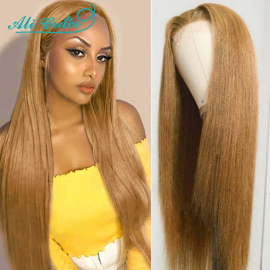 Brown Blonde Color 27 Straight Lace Closure Wig with Baby Hair  24 Inch Pre-Plucked Brazilian Straight 4X4 Closure Wig