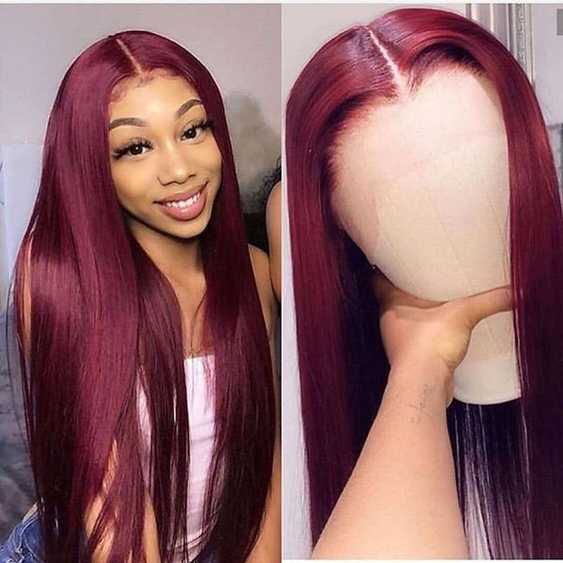 VSHOW Burgundy Hair Color Short Straight Hair Human Hair Lace Front Wigs with Pre-Plucked