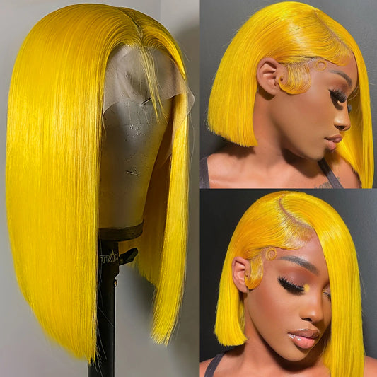Yellow Bob Wig Human Hair 13X4 Transparent Lace Front Human Hair Wigs 180% Density Brazilian Remy Human Hair Short Lace Bob Wig