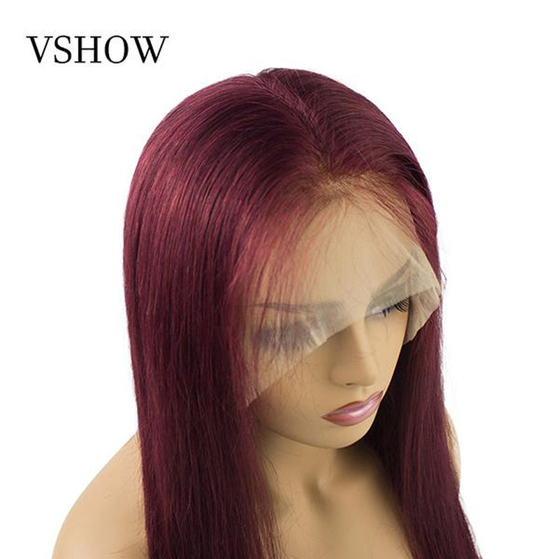 VSHOW Burgundy Hair Color Short Straight Hair Human Hair Lace Front Wigs with Pre-Plucked