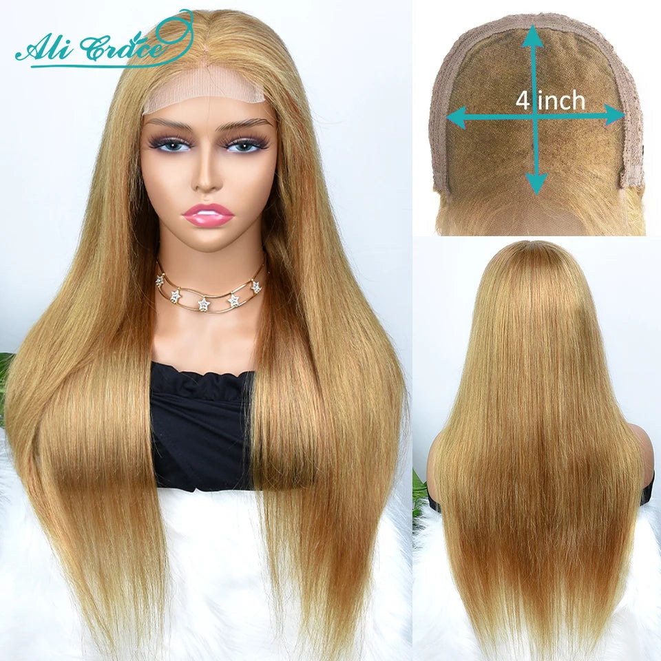 Brown Blonde Color 27 Straight Lace Closure Wig with Baby Hair  24 Inch Pre-Plucked Brazilian Straight 4X4 Closure Wig