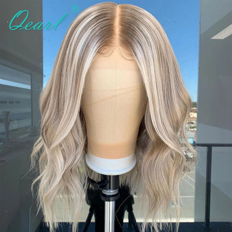 Women HD Lace Front Human Hair Wigs Short Bob Lace Frontal Wig Ombre Ash Blonde Grey Highlights 13X1 Transparent Wig Sale Qearl